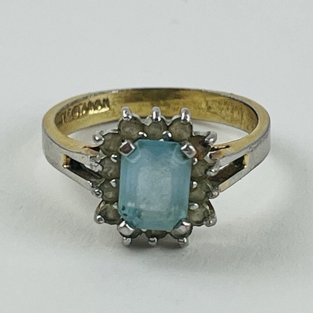 Vintage Ring 14K GE Gold Electroplate Taiwan Size 9 Aquamarine Blue Pale Rhinest - Picture 5 of 16